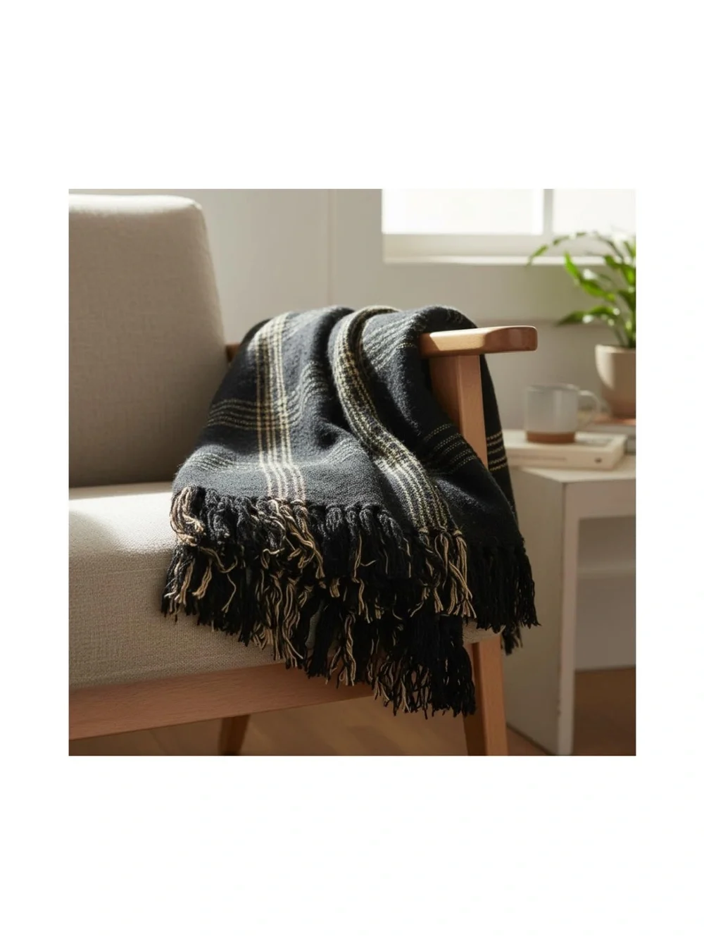 Black and Tan Plaid Throw 100% Cotton 60x50”
